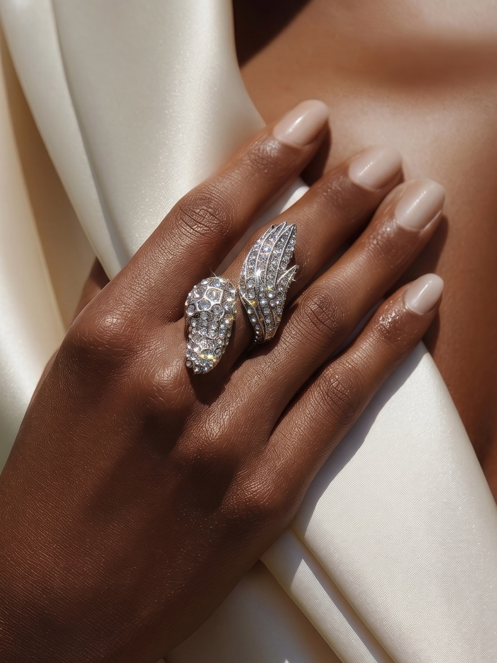 Rhinestone Bird Swan Bypass Wrap Cocktail Ring Size 7 Pave CZ’s NEW